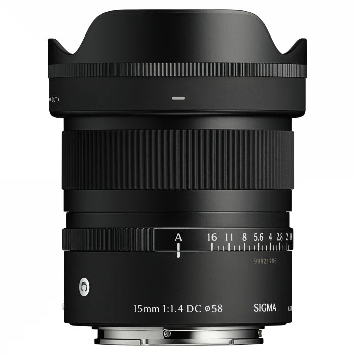 15mm f/1.4 DC DN lens, front view with ribbed grip and distance scale