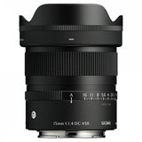 15mm f/1.4 DC DN lens, front view with ribbed grip and distance scale