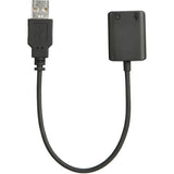 Adaptor audio USB 2.0, capăt USB și unitate neagră cu două mufe rotunde.