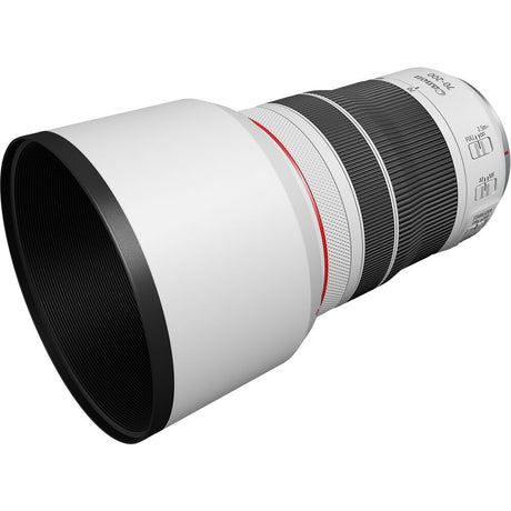End view of black and silver 70-200mm F4 telephoto lens with red trim line and front ring