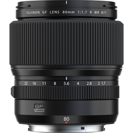 Black 80mm GF lens, front view with engraved aperture scale and textured barrel