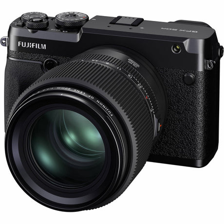 Black camera body with attached black 80mm GF lens, textured grip and front element