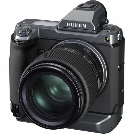 Angled view: black camera with attached 80mm GF 80mm lens and front glass element