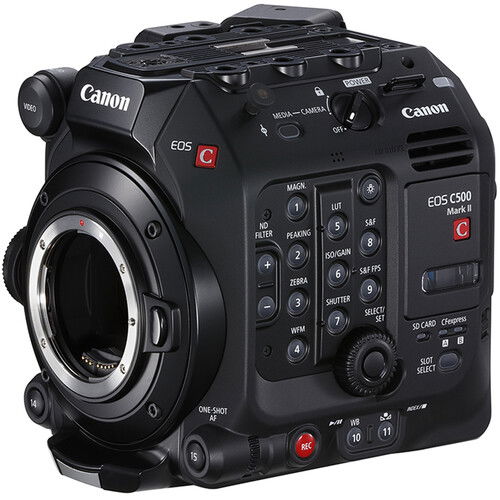 Front three-quarter view of cinema camera with lens mount and dial controls