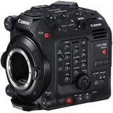 Front three-quarter view of cinema camera with lens mount and dial controls