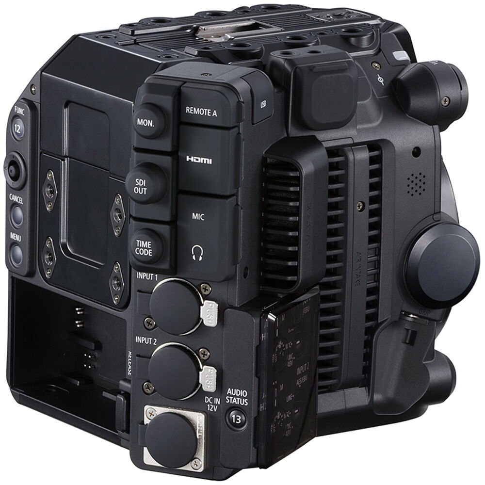 Rear/side ports view of cinema camera with HDMI, SDI output, and audio inputs