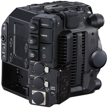 Rear/side ports view of cinema camera with HDMI, SDI output, and audio inputs
