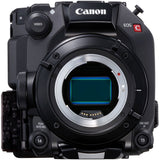 Black cinema camera body with lens mount opening and top control buttons