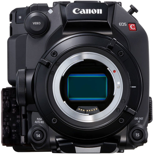 Black cinema camera body with lens mount opening and top control buttons