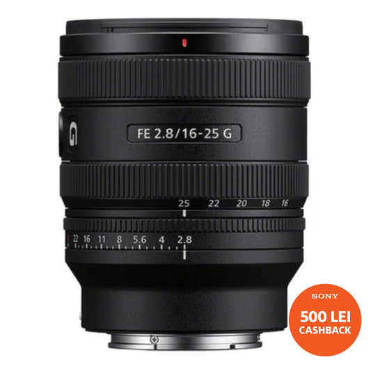 Black FE 2.8/16–25 G camera lens with zoom and focus markings