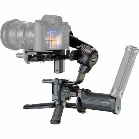 3-axis gimbal stabilizer with camera mounting plate, lens support arms, dark gray/black
