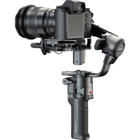 3-axis handheld gimbal stabilizer, side view with control module and grip handle, black
