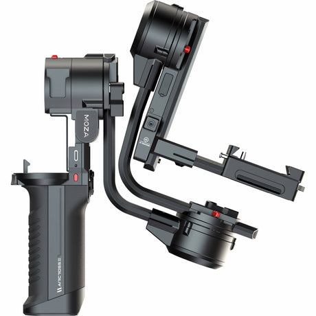 Gimbal stabilizer close side view, motor housing and adjustable camera bracket, black