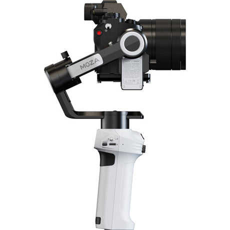 Stabilizator cameră, ansamblu control negru și obiectiv, mâner alb, vedere de sus
