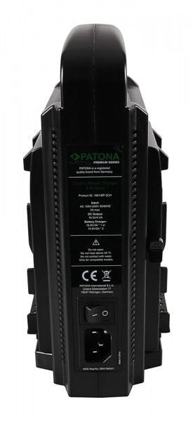 Spatele încărcătorului V-Mount dual cu etichete și comutator pe carcasă neagră