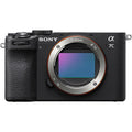 Mirrorless camera body with E-mount lens mount opening, black textured grip