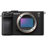 Mirrorless camera body with E-mount lens mount opening, black textured grip