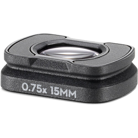 Lentilă cu unghi larg în carcasă neagră, inscripție „0.75x 15MM” vizibilă