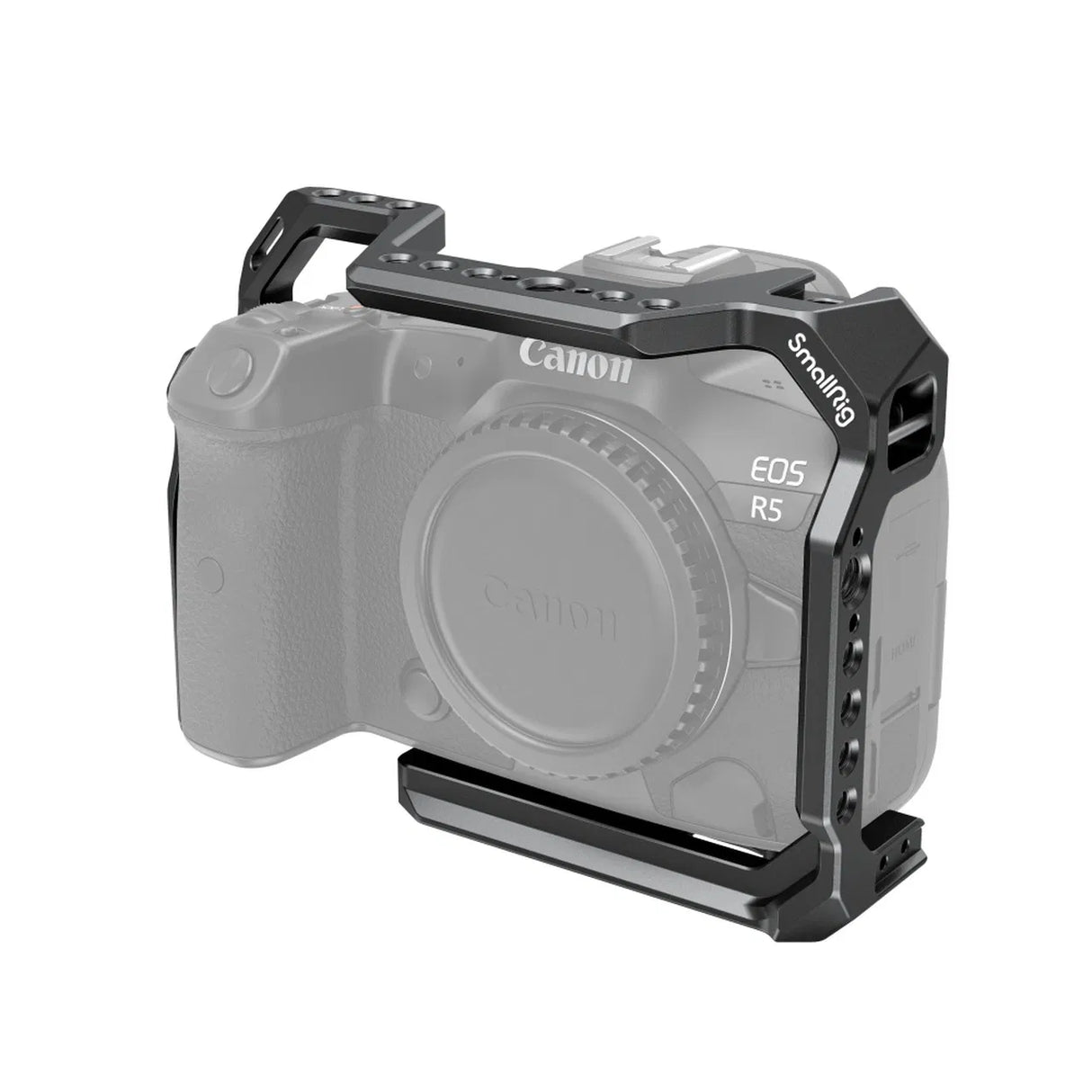 Camera cage on Canon R5 body with side handle mount and top accessory plate