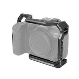 Camera cage on Canon R5 body with side handle mount and top accessory plate