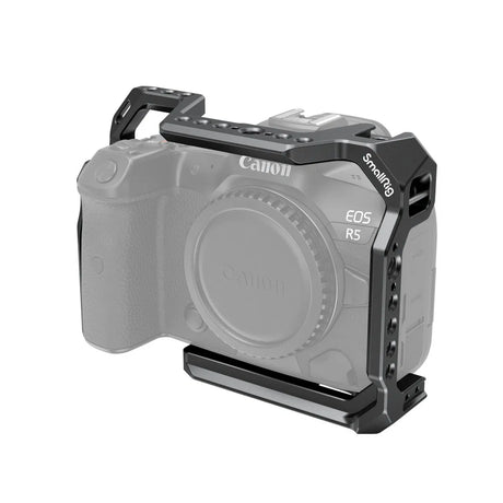 Camera cage on Canon R5 body with side handle mount and top accessory plate