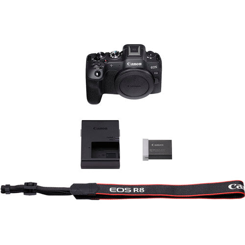 Aparat foto mirrorless Canon EOS R8 cu accesoriu: acumulator, încărcător și curea