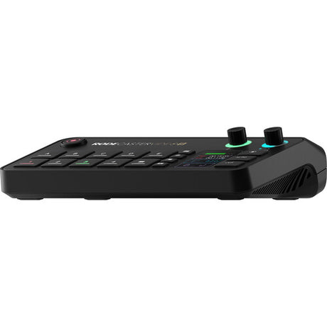 Consolă audio/video RODECaster Video S, vedere laterală cu butoane negre