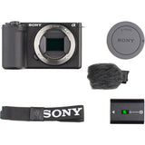 aparat foto mirrorless Sony ZV-E10 II cu capac E-mount, microfon tip blană și curea
