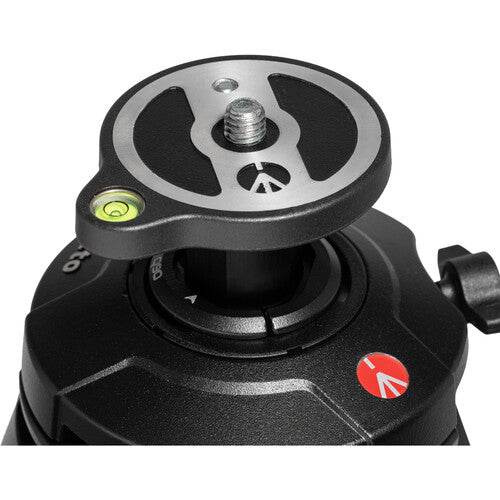 Tripod top plate with bubble level vial and central mounting screw