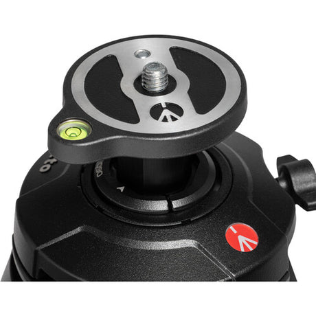 Tripod top plate with bubble level vial and central mounting screw