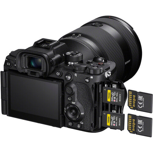 Mirrorless full-frame camera body angled view with rear LCD and accessory slots
