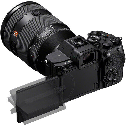 Mirrorless full-frame camera body with attached zoom lens and viewfinder controls