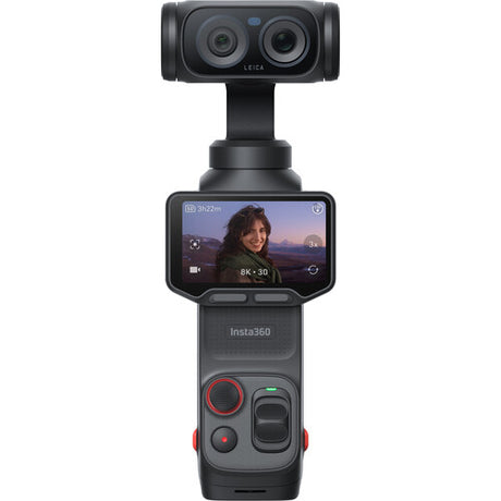 Cameră gimbal neagră cu ecran LCD vizibil și cap cu două lentile