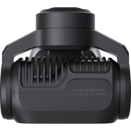 Cap cameră gimbal negru cu textură pe carcasă și inscriptionări pe partea frontală