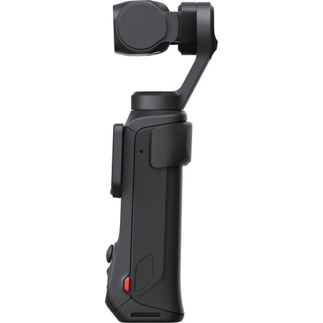 Cameră gimbal neagră profil lateral, cu comenzi și capac rotunjit pe spate