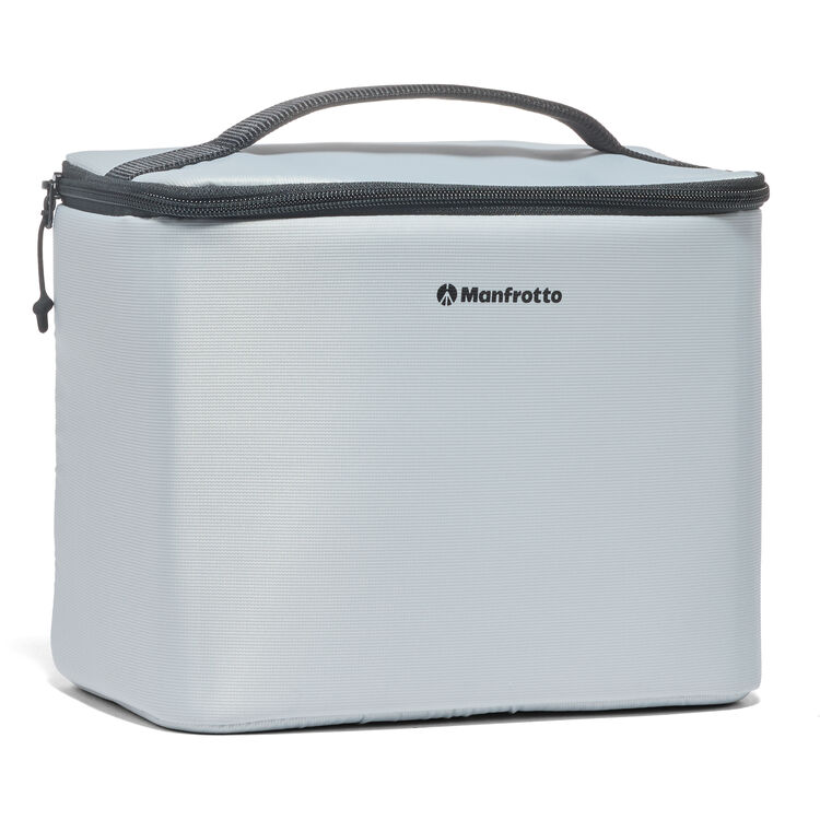 Geantă foto Manfrotto gri deschis, cu fermoar și mâner superior, formă cilindru/box