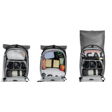 Rucsac foto deschis, cu compartiment pentru cameră și accesorii, vedere din față