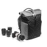 Rucsac foto extensibil negru, capac suprapus și buzunar lateral cu fermoar