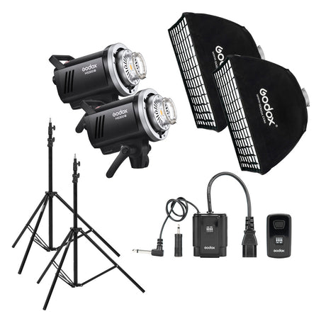 Set cu două lămpi Godox, softboxuri, stative și unitate de control cu telecomandă