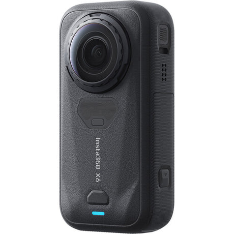 Cameră 360 Insta360 X6 cu carcasă neagră texturată și ecran încorporat
