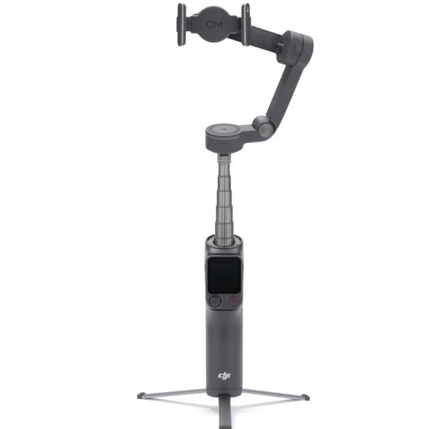 Three-axis smartphone gimbal stabilizer with folding mount and control display