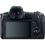Black mirrorless camera body, top view with viewfinder housing and control wheel