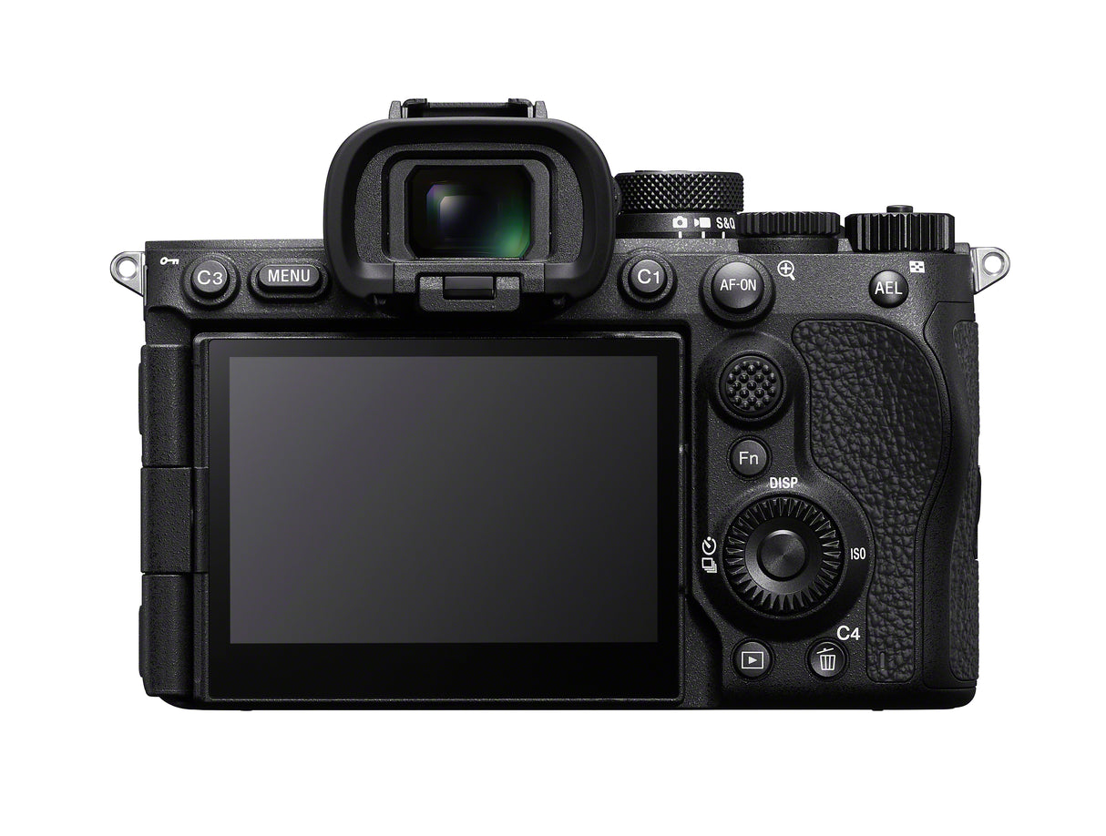 Mirrorless full-frame camera body with viewfinder and rear LCD screen, black