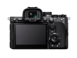 Mirrorless full-frame camera body with viewfinder and rear LCD screen, black