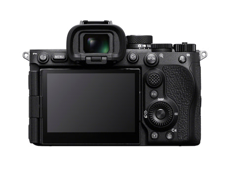 Mirrorless full-frame camera body with viewfinder and rear LCD screen, black