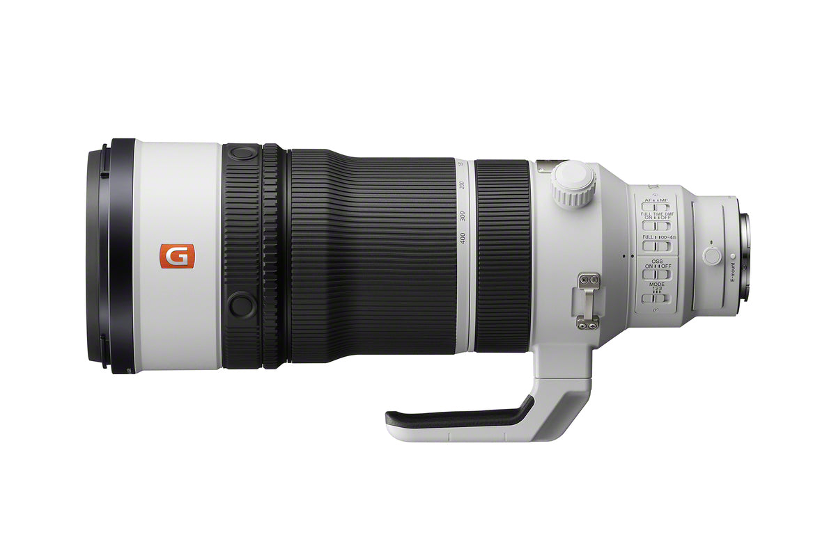FE 100-400mm GM lens, white body, black ribbed zoom ring, side grip and switches