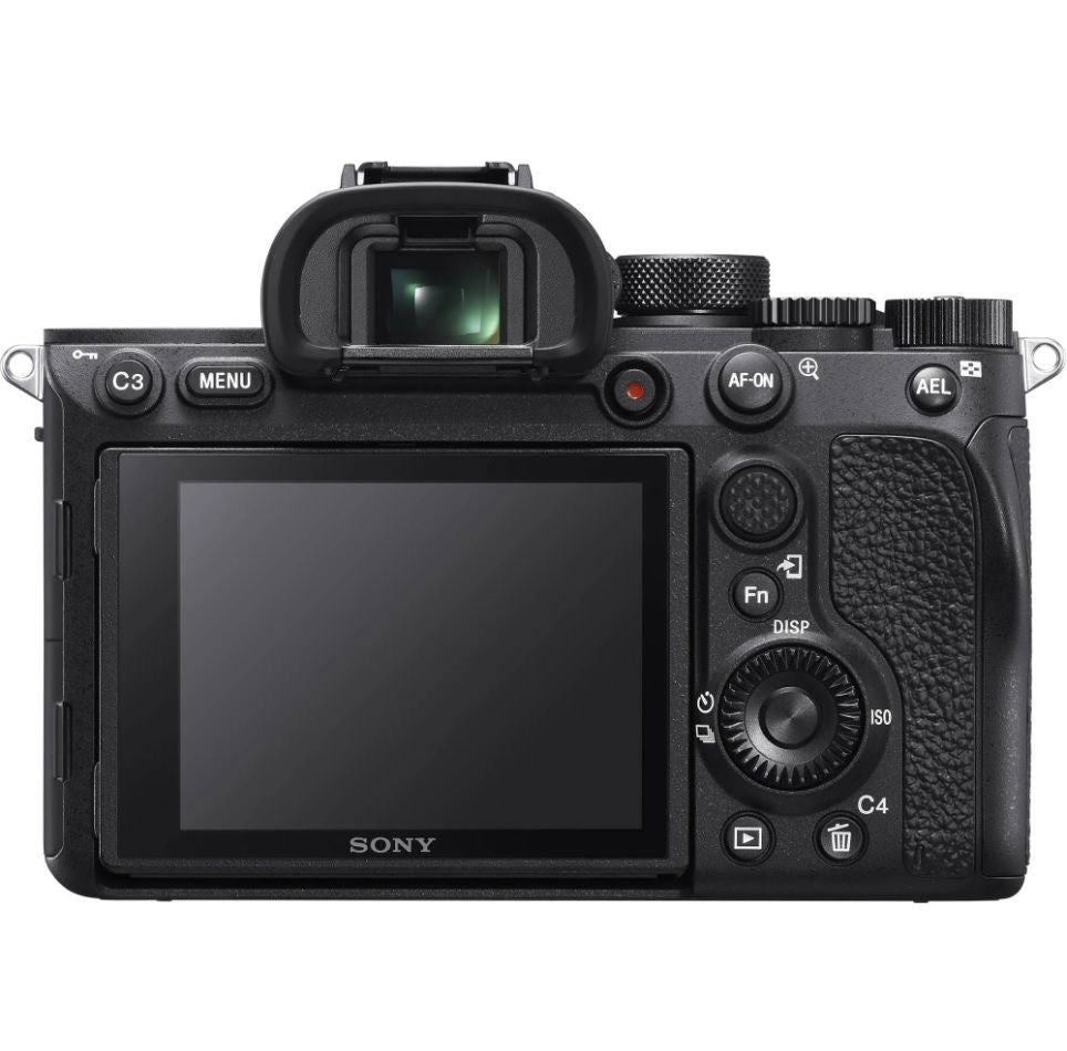 Aparat foto mirrorless Sony, spate cu ecran LCD, butoane și cadran de control.