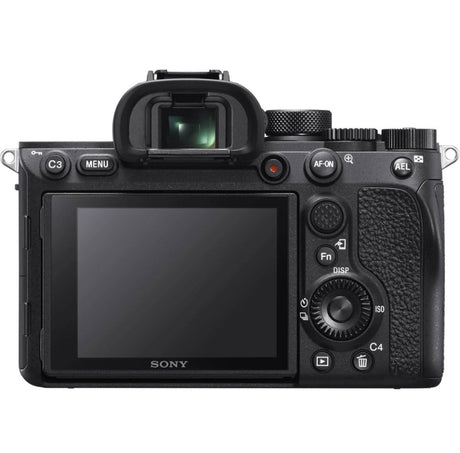 Aparat foto mirrorless Sony, spate cu ecran LCD, butoane și cadran de control.