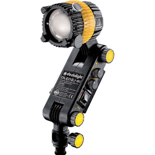 Bi-color LED light source, black housing with yellow accent ring and side control dials