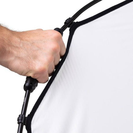 Hand gripping halo reflector frame edge; white diffusion panel visible